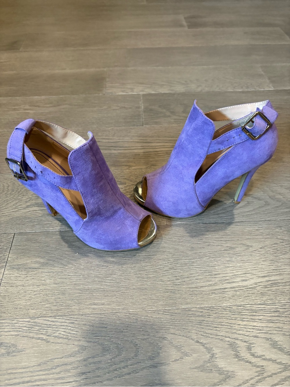 Prima Donna Lavender Suede Peep-Toe Cutout Heels with Gold Accents